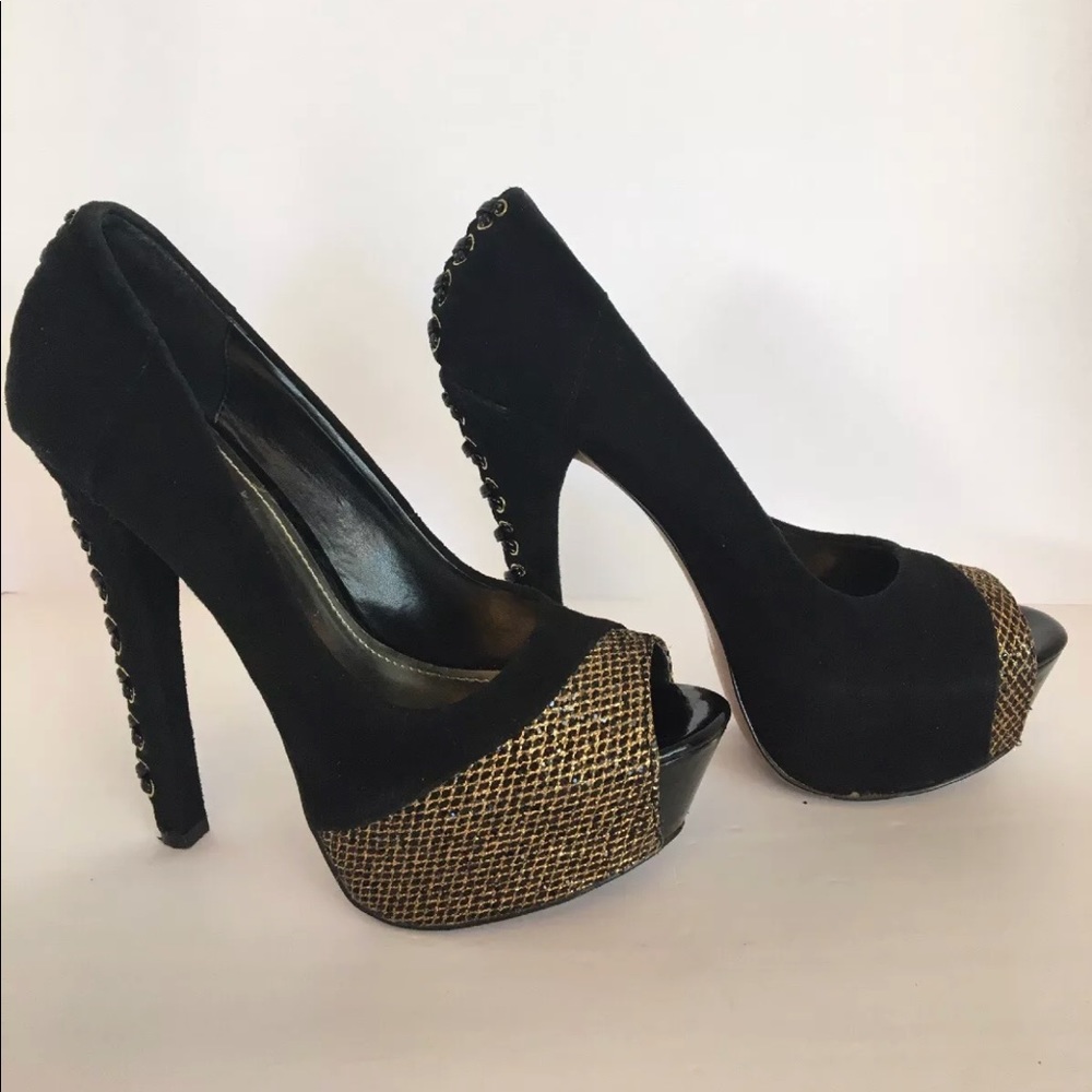 Wild Pair black suede gold mesh peep toe heels 7.5 - Picture 2 of 8